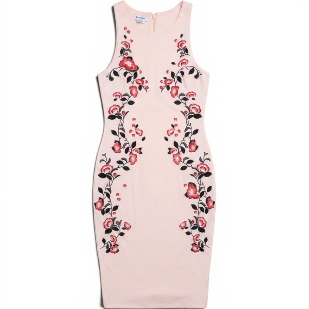 Bebe Embroidered Floral Garden Party Romantic Sheath Sleeveless Pink Small